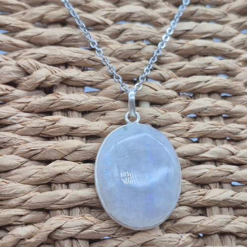 Moonstone Silver 925 Necklace with Oval Pendant and Stainless Steel Chain