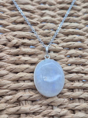 Moonstone Silver 925 Necklace with Oval Pendant and Stainless Steel Chain