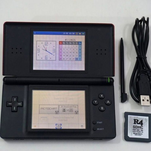 Nintendo DS Lite console used with Pokemon LeafGreen cartridge and accessories