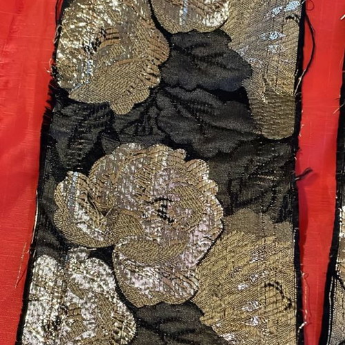 Gold-embroidered brocade trim black satin with gold roses new vintage
