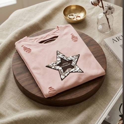 Blouse used with sequin star design and cutouts size M-L pink