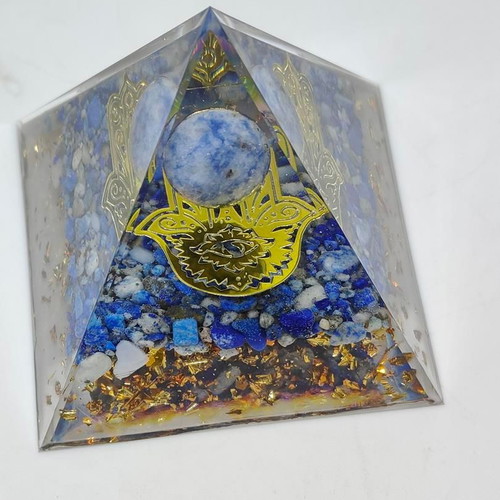 Orgonite pyramid with Lapis Lazuli, Sodalite and Hamsa hand like new