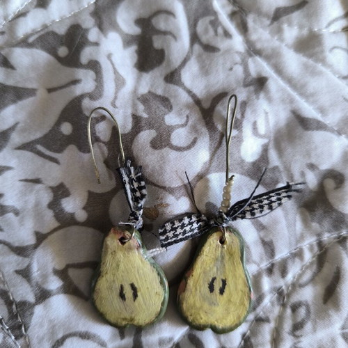Pear-shaped handmade ceramic earrings used, green