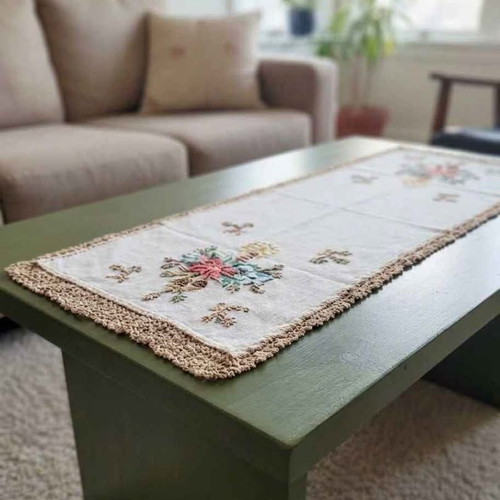 Tablecloth with embroidery like new, traditional vintage boho handmade 1.10x40cm