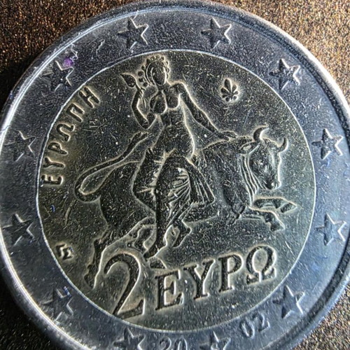 2 Euro 2002 Greece coin with 4 minting errors