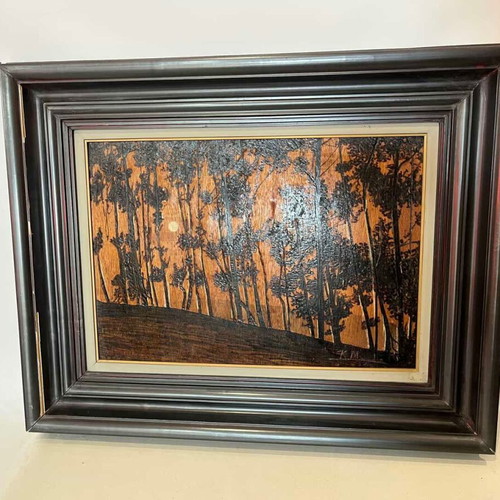 Vintage pyrography wall art with forest scene and artist signature 57x72
