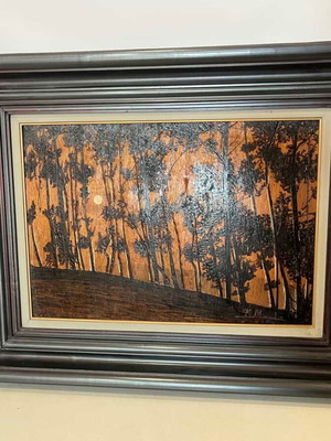 Vintage pyrography wall art with forest scene and artist signature 57x72