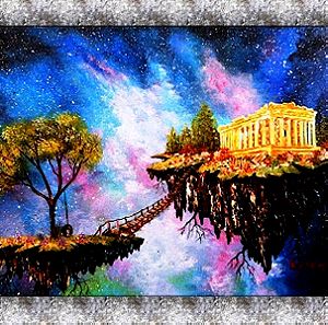 Έργο ζωγραφισμένο στο χέρι με ακρυλικά χρώματα σε καμβά - Parthenon on a floating island