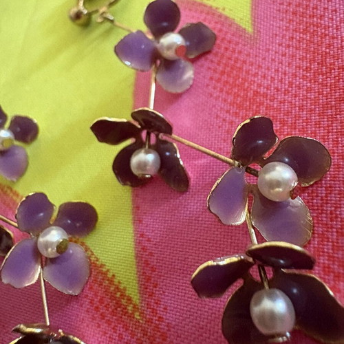 Elegant earrings with purple flowers and pearls
