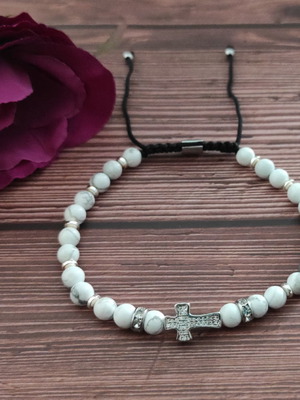 Unisex λευκό βραχιόλι με σταυρό & πέτρες | White cross bracelet with zirconia & gemstones