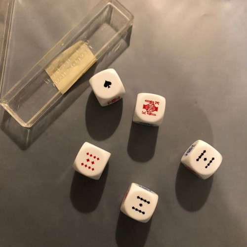 Dice set with playing card symbols used, with box