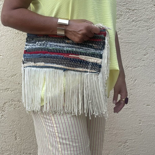 Handmade patchwork clutch bag with fringes, used, multicolor