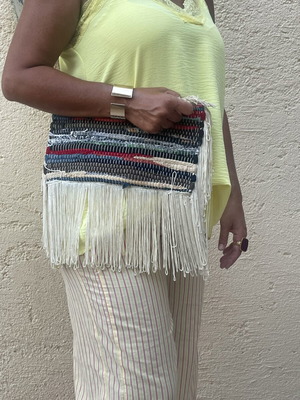 Handmade patchwork clutch bag with fringes, used, multicolor