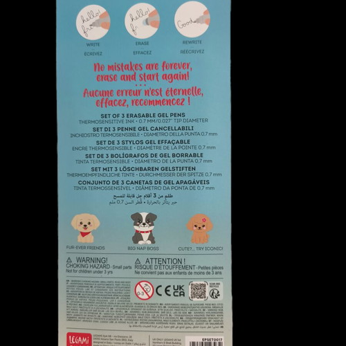 Legami gel pens set used with dog designs, red blue black ink