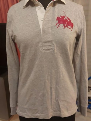 Дълъг ръкав дамско поло Ralph Lauren употребявано, размер Medium, сиво с розови детайли