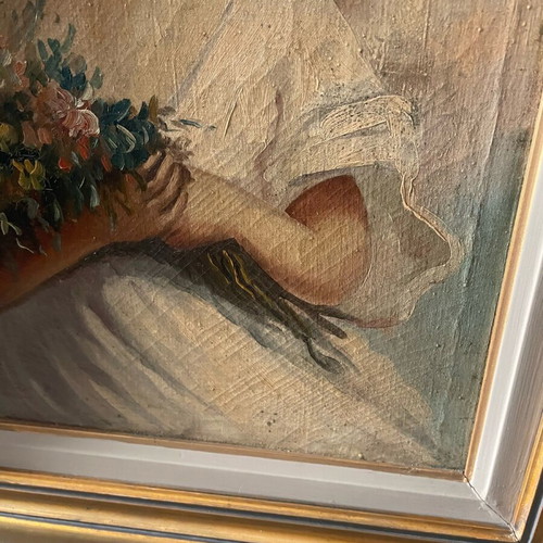 Canvas painting girl with flowers used, very old