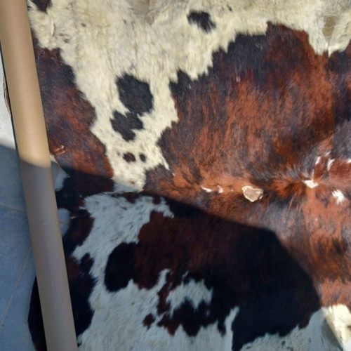 Cowhide rug used, cleaned, 2.20x2 m, natural brown-white pattern