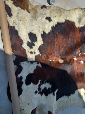 Cowhide rug used, cleaned, 2.20x2 m, natural brown-white pattern
