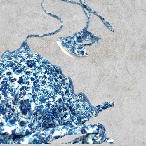 Pixie Swim triangle bikini top blue floral frill new