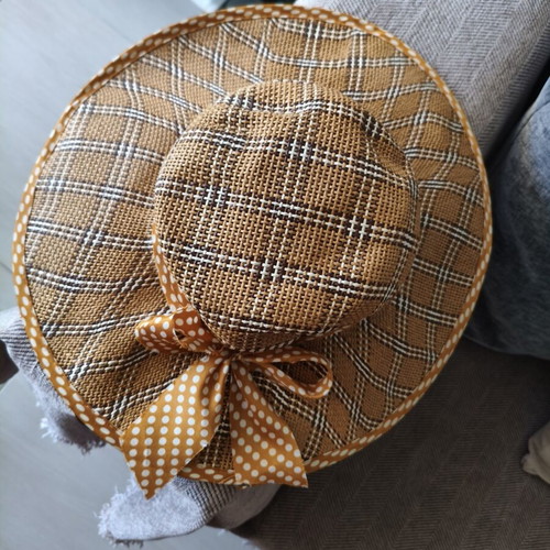 Women's Straw Sun Hat with Checked Pattern and Polka Dot Bow like new
