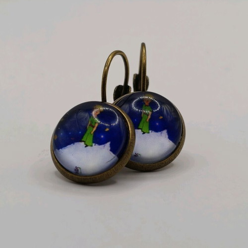 Little Prince dangling earrings new, bronze base, blue