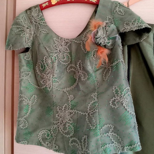 Evening set used, satin fabric with embroidery, size 54, green