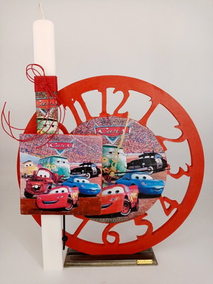 Cars candle with handmade clock and decorative hanger