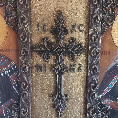Handmade religious icon on wood Saint Constantine and Saint Helen 47×32 cm new