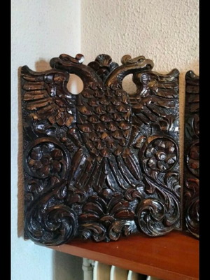 Handmade Antique Skyrian Wood Carving Double-Headed Eagle Wall Art
