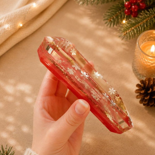 Handmade Resin Soap Dish Winter Magic deep red with iridescent snowflakes