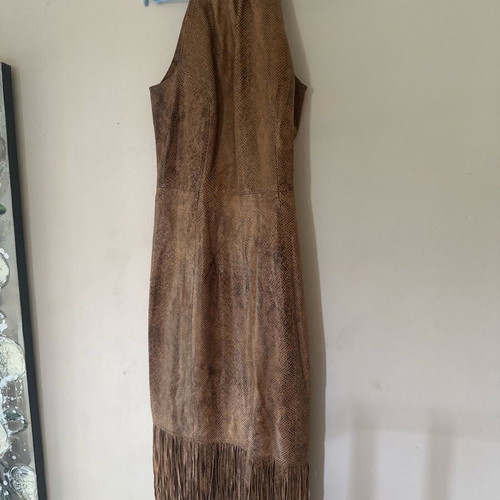 Vintage Aslanis long leather dress with fringes like new, brown XL/XXL