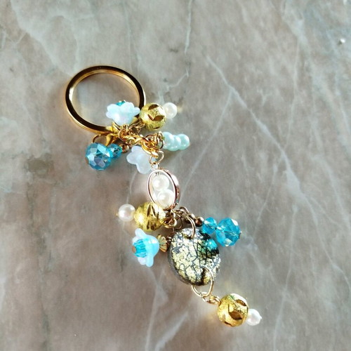 Keychain purse charm new with beads in blue and gold tones