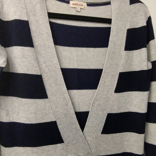 Striped blue gray blouse dress with large V neck like new