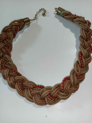 Necklace vintage braided cords with beads, like new, brown and gold