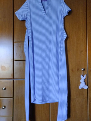 Summer dress with V-neck and long waist ties, blue and white stripes, size M