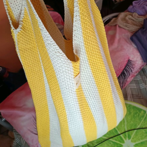 NUXE Paris knit tote bag striped yellow/white new