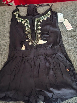 Playsuit black new with cream embroidery, adjustable straps, size M