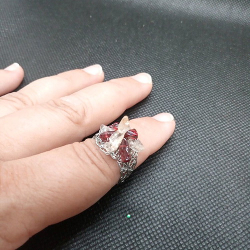 Handmade white metal ring with quartz and garnet semi-precious stones