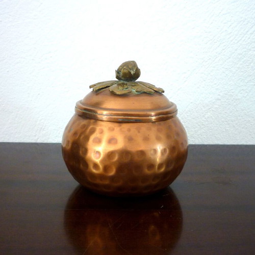 Vintage hammered bronze and copper fondue pot used
