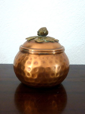 Vintage hammered bronze and copper fondue pot used