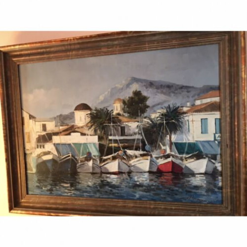Thanasis Zachariou oil painting of traditional Greek island harbor