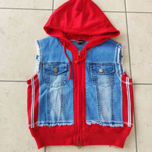 Unisex children's vest with hood like new, size 12 (152), blue denim and red
