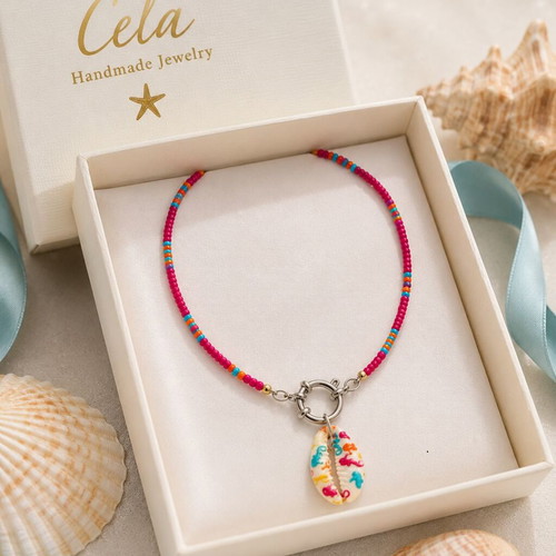 Handmade Necklace with Czech beads, stainless steel nautical steering wheel clasp, hand-painted shell