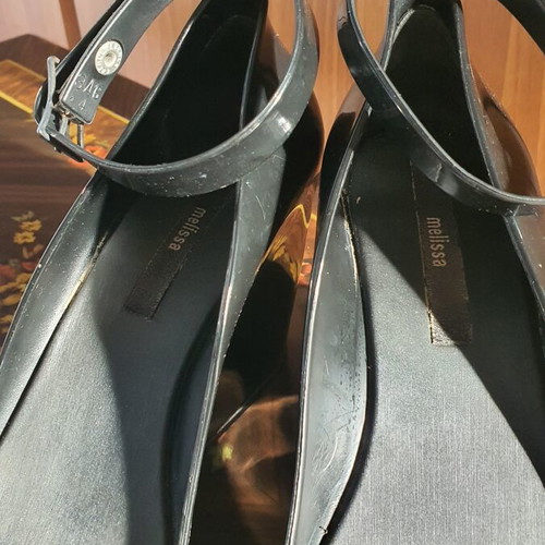 Melissa platform sandals size 38 used, black with strap damage