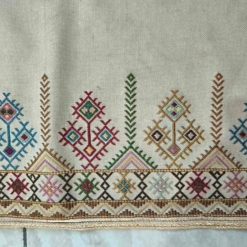 Folk Art Handmade Embroidered Fabric with Geometric Patterns used, 1m x 36cm