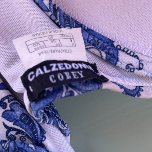Calzedonia swimwear top, white and blue pattern with sequins, XL-XXL