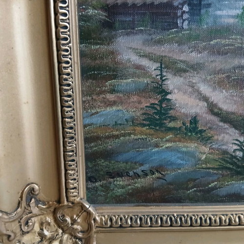 Oil painting on canvas used, landscape with lake and cabin in baroque frame