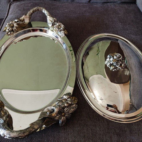 Metal serving platter with lid used, vintage 90s decorative tray