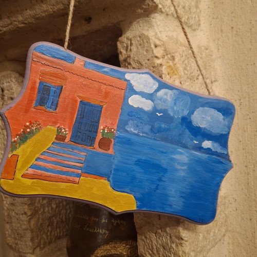 Handmade wooden wall sign with Aegean landscape painting