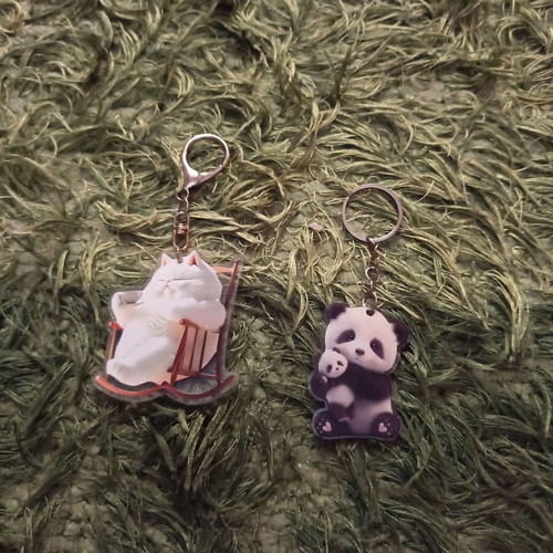 2D Panda and Cat Keychains set like new, colorful, 2 pcs